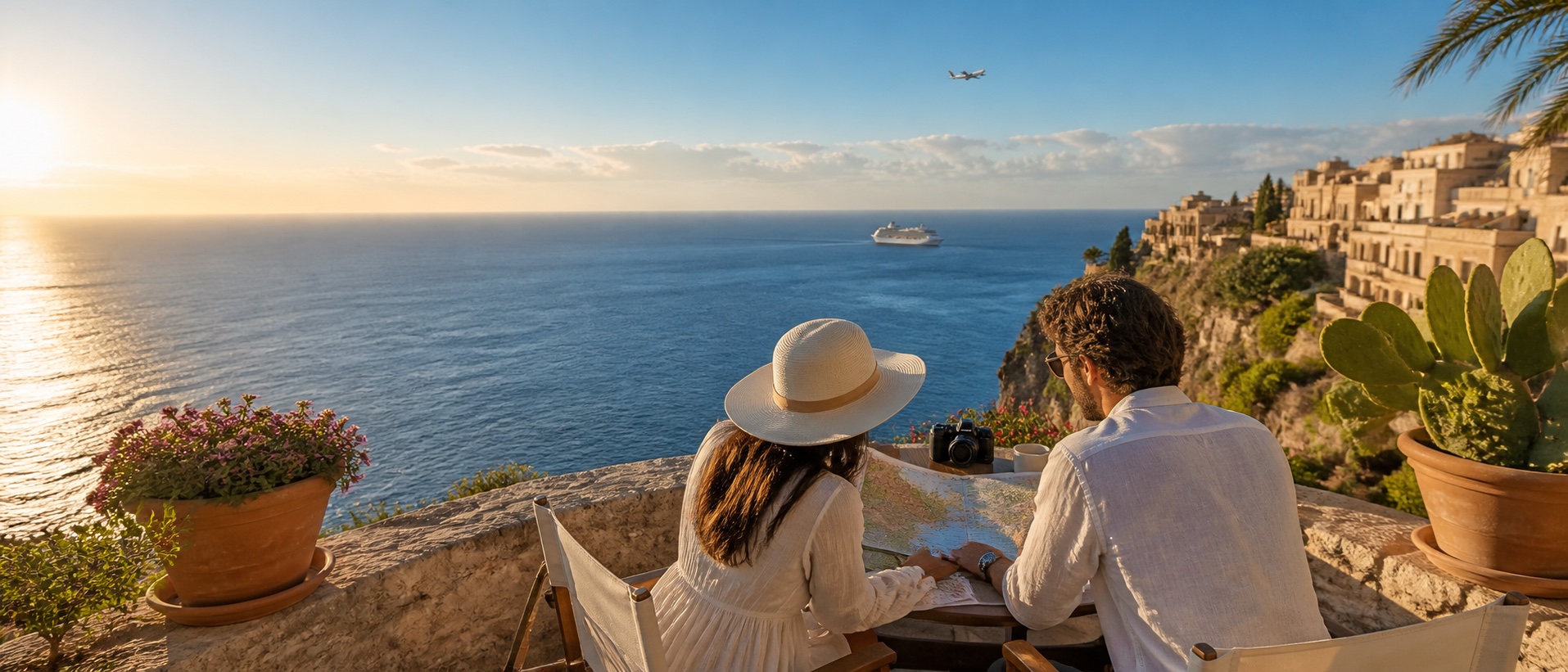 Viaggiatori su una terrazza mediterranea affacciata sul mare